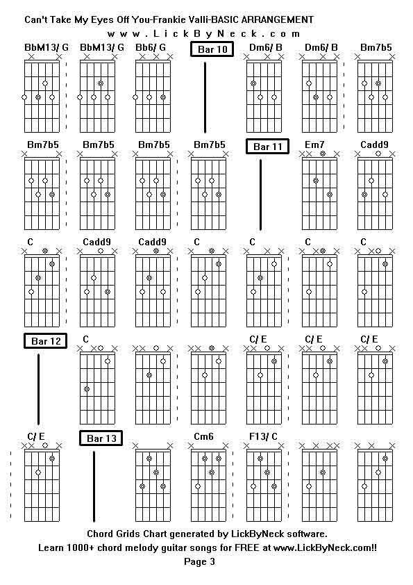 Chord Grids Chart of chord melody fingerstyle guitar song-Can't Take My Eyes Off You-Frankie Valli-BASIC ARRANGEMENT,generated by LickByNeck software.